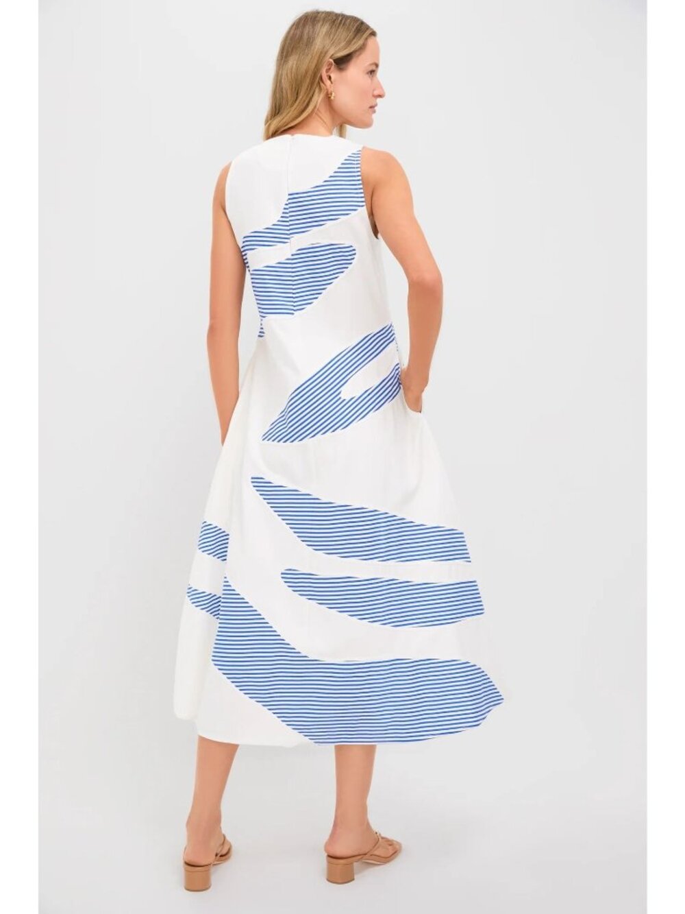 LOVE BIRDS Striped Plantscape Dress Ivory Linear Cobalt Blue Size Large NWT - Picture 4 of 9